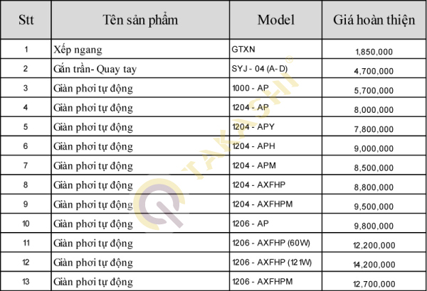 Báo giá sản phẩm giàn phơi Takashi